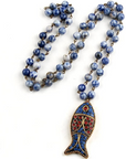 African Tribal Ethnic Beaded Long Pendant Fish, Natural Stone Bohemium Necklace for Women Men Ladies, with Jewellery Gift Box (Blue Sodalite)