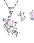 Ladies Pretty Turtle Jewellery Set For Women - Necklace Pendant & Matching Earrings - Girls Opal Enamel & Silver Plated Cute Charms - with Gift Box