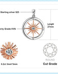 Sterling Silver Compass Design Necklace With Rose Gold Plated Sun Set With Cubic Zirconia Stone. Includes 45cm 925 Silver Box Chain and Jewellery Gift Box.