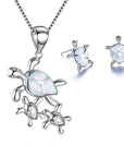Ladies Pretty Turtle Jewellery Set For Women - Necklace Pendant & Matching Earrings - Girls Opal Enamel & Silver Plated Cute Charms - with Gift Box