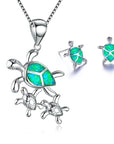Ladies Pretty Turtle Jewellery Set For Women - Necklace Pendant & Matching Earrings - Girls Opal Enamel & Silver Plated Cute Charms - with Gift Box