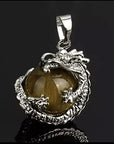 Helena Rose Earring & Necklace Jewellery Set for Women - Silver Totem Gothic Style Dragon Wrap Design - Natural Tigers Eye Stone Pendant Ball Charm - Plus Gift Box