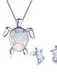 Ladies Turtle Jewellery Set For Women - Necklace Pendant & Matching Earrings - Girls Opal Enamel & Silver Plated Cute Charms - with Gift Box