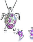 Ladies Turtle Jewellery Set For Women - Necklace Pendant & Matching Earrings - Girls Opal Enamel & Silver Plated Cute Charms - with Gift Box