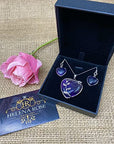 Valentine Heart Jewellery Gift Set For Women - Silver Hearts & Roses Necklace & Drop Earrings - Natural Crystal Gemstone Pendant For Ladies - With a Quality Gift Box
