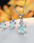 Cute Turtle Jewellery Set - Matching Necklace Pendant & Earrings For Ladies - Glittering Opal & Crystal - With Gift Box