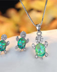 Cute Turtle Jewellery Set - Matching Necklace Pendant & Earrings For Ladies - Glittering Opal & Crystal - With Gift Box