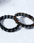 Double Hematite and Tiger's Eye Gemstone Stretch Bracelets for Men & Women - Natural Energy Stone Jewellery Unisex Bangle. with Gift Box