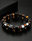 Double Hematite and Tiger's Eye Gemstone Stretch Bracelets for Men & Women - Natural Energy Stone Jewellery Unisex Bangle. with Gift Box