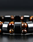Double Hematite and Tiger's Eye Gemstone Stretch Bracelets for Men & Women - Natural Energy Stone Jewellery Unisex Bangle. with Gift Box