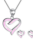 Ladies Shining Heart Jewellery Set For Women - Necklace Pendant & Matching Earrings - Girls Opal Glitter Enamel & Silver Plated Cute Charms - with Gift Box