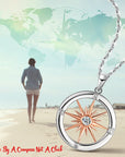 Sterling Silver Compass Design Necklace With Rose Gold Plated Sun Set With Cubic Zirconia Stone. Includes 45cm 925 Silver Box Chain and Jewellery Gift Box.