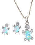 Cute Turtle Jewellery Set - Matching Necklace Pendant & Earrings For Ladies - Glittering Opal & Crystal - With Gift Box