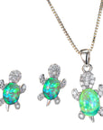 Cute Turtle Jewellery Set - Matching Necklace Pendant & Earrings For Ladies - Glittering Opal & Crystal - With Gift Box