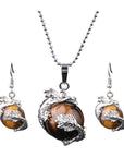 Helena Rose Earring & Necklace Jewellery Set for Women - Silver Totem Gothic Style Dragon Wrap Design - Natural Tigers Eye Stone Pendant Ball Charm - Plus Gift Box