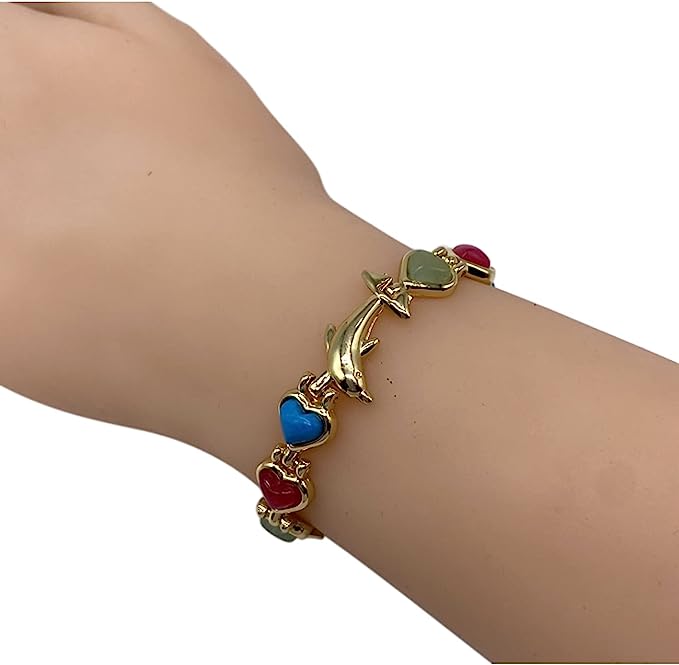 Ladies Magnetic Therapy Bracelet for Women - Natural Gemstone Heart Crystals - 18.5 cm Adjustable - Plus Jewellery Gift Box (Gold Finish)