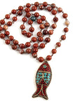 African Tribal Ethnic Beaded Long Pendant Fish, Natural Stone Bohemium Necklace for Women Men Ladies, with Jewellery Gift Box (Red Jasper)