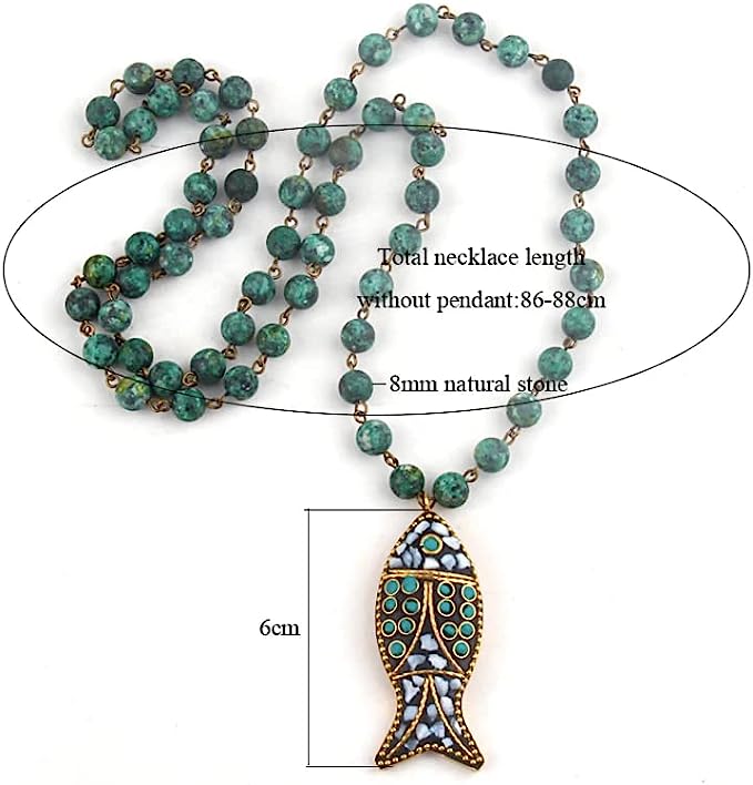 African Tribal Ethnic Beaded Long Pendant Fish, Natural Stone Bohemium Necklace for Women Men Ladies, with Jewellery Gift Box (GREEN AFRICAN TURQUOISE)