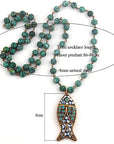 African Tribal Ethnic Beaded Long Pendant Fish, Natural Stone Bohemium Necklace for Women Men Ladies, with Jewellery Gift Box (GREEN AFRICAN TURQUOISE)