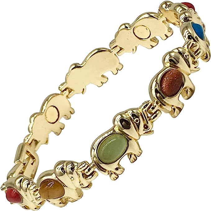 Helena Rose Ladies Magnetic Bracelet for Women - Multi Coloured Natural Gem Stones Turquoise Green Aventurine Carnelian - Fits Wrists 17.5cm Adjustable - with Jewellery Gift Box