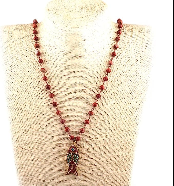 African Tribal Ethnic Beaded Long Pendant Fish, Natural Stone Bohemium Necklace for Women Men Ladies, with Jewellery Gift Box (Red Jasper)