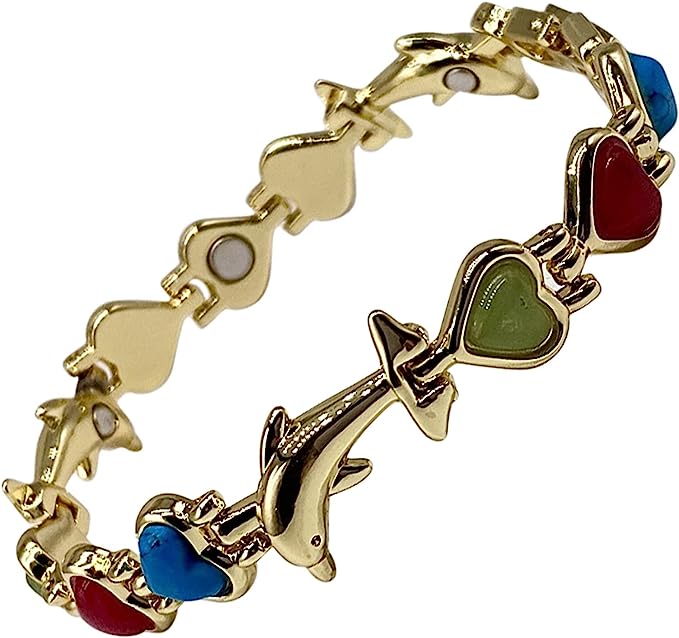 Ladies Magnetic Therapy Bracelet for Women - Natural Gemstone Heart Crystals - 18.5 cm Adjustable - Plus Jewellery Gift Box (Gold Finish)