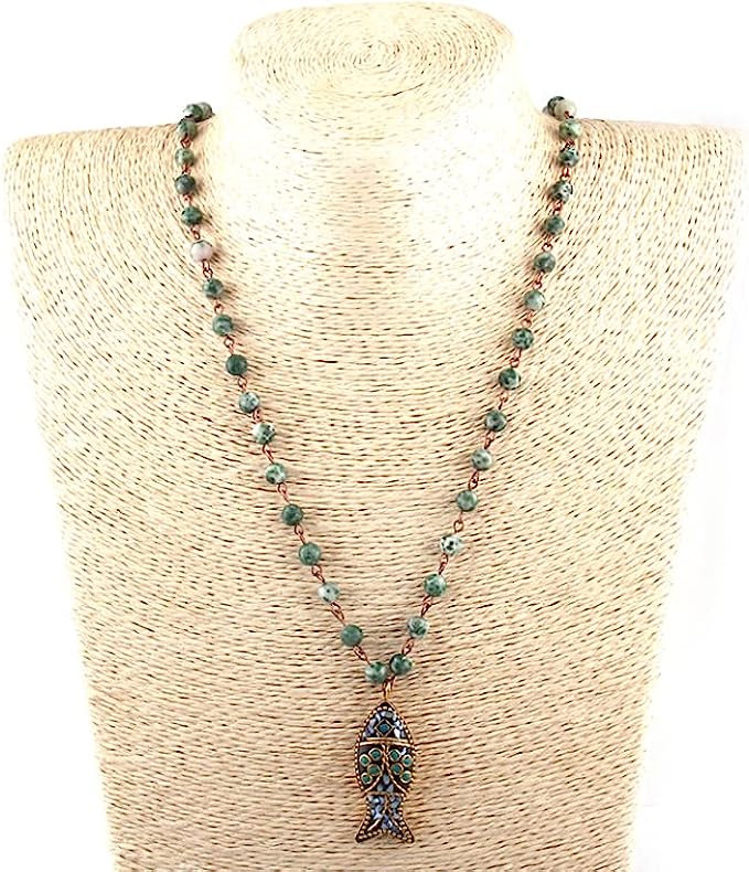 African Tribal Ethnic Beaded Long Pendant Fish, Natural Stone Bohemium Necklace for Women Men Ladies, with Jewellery Gift Box (GREEN AFRICAN TURQUOISE)