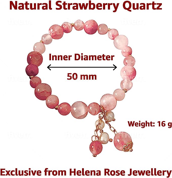 Ladies Strawberry Quartz Gemstone Bracelet. Natural Stone Stretch Bangle for Women. Includes Jewellery Gift Box (Strawberry Pink)