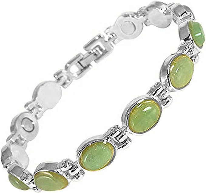 Ladies Magnetic Therapy Bracelet for Women | Semi Precious Green Crystal Gemstones - Fully Adjustable - Presented in a Gift Box (Silver Plated)