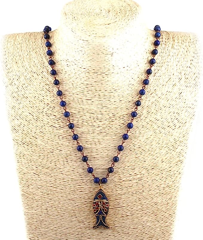 African Tribal Ethnic Beaded Long Pendant Fish, Natural Stone Bohemium Necklace for Women Men Ladies, with Jewellery Gift Box (Blue Sodalite)