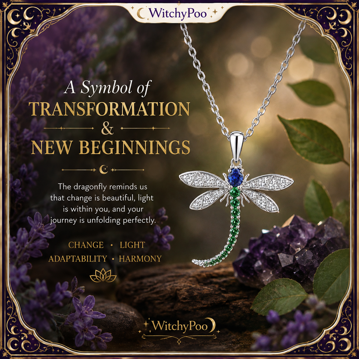 WitchyPoo Dragonfly Pendant Necklace for Women - White Gold Plated, Blue Green Cubic Zirconia - Stainless Steel 40cm + 5cm Chain, Gift Boxed - Symbolic Jewellery for Her