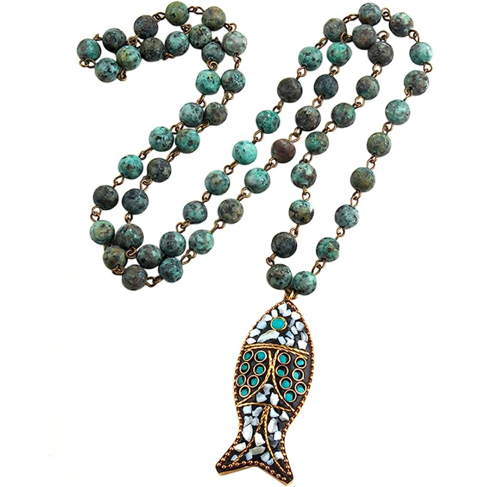 African Tribal Ethnic Beaded Long Pendant Fish, Natural Stone Bohemium Necklace for Women Men Ladies, with Jewellery Gift Box (GREEN AFRICAN TURQUOISE)