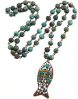 African Tribal Ethnic Beaded Long Pendant Fish, Natural Stone Bohemium Necklace for Women Men Ladies, with Jewellery Gift Box (GREEN AFRICAN TURQUOISE)