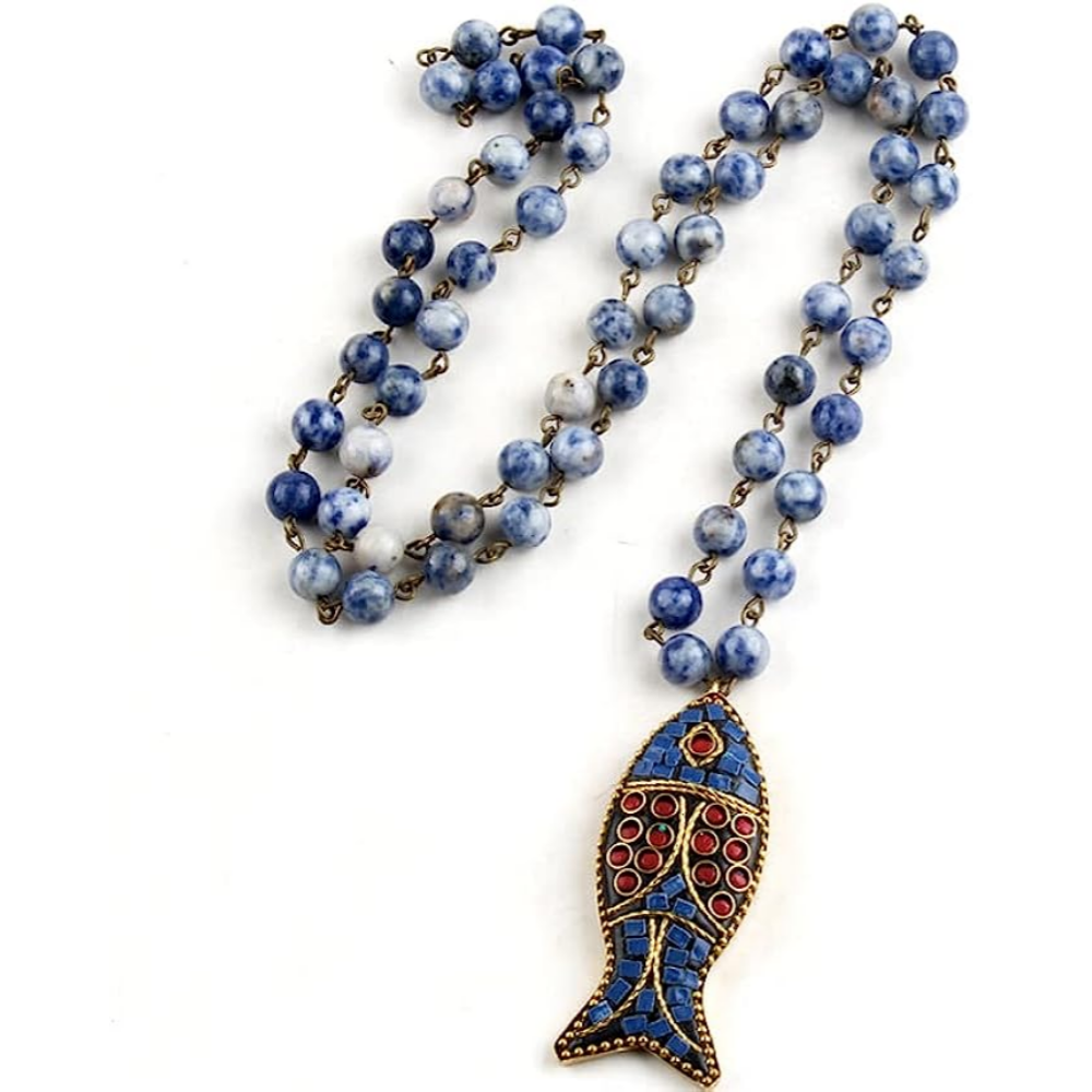 African Tribal Ethnic Beaded Long Pendant Fish, Natural Stone Bohemium Necklace for Women Men Ladies, with Jewellery Gift Box (Blue Sodalite)