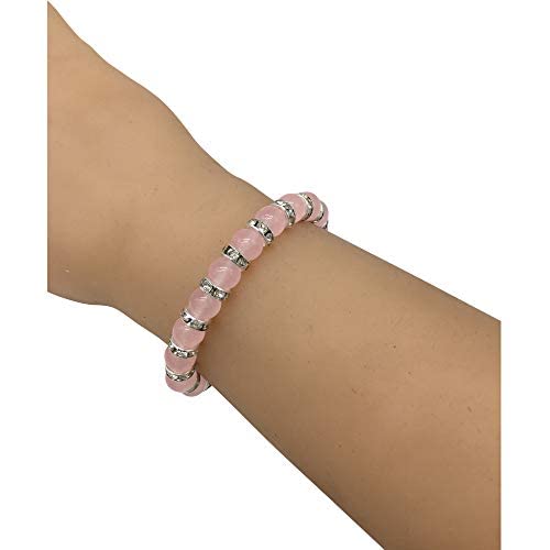 Helena Rose Jewellery - Natural Pink Rose Quartz Stretch Bracelet for Women - Gemstones with Clear Crystal Rhinestones - Valentines Gift, Plus Jewellery Gift Box