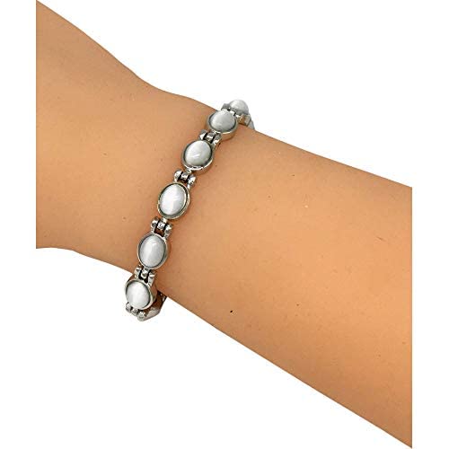 Helena Rose Ladies Magnetic Bracelet for Women - Semi Precious Grey Luminous Cats Eye Stones - Fits Wrists Up To 17.5cm Fully Adjustable Size - Presented in a Jewellery Gift Box