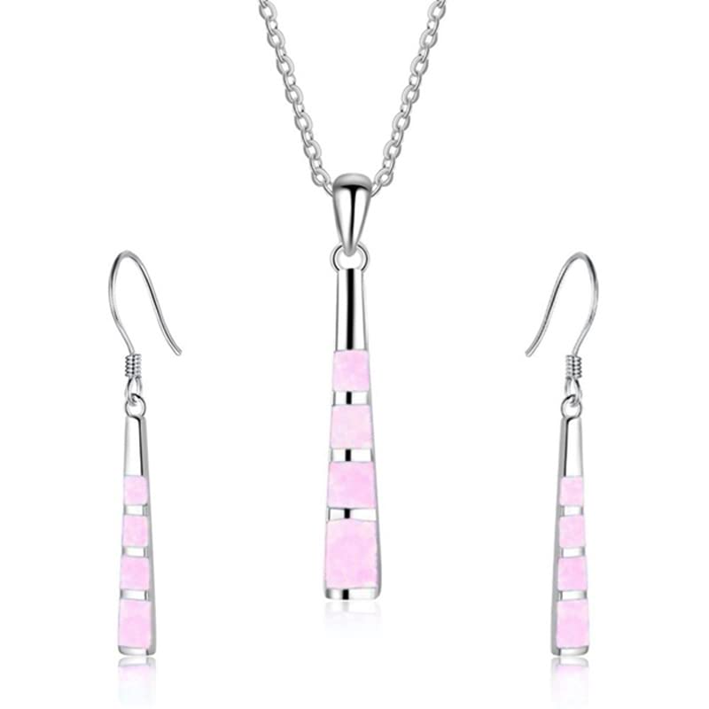 Ladies Opal Jewellery Set For Women - Necklace Pendant Drop Earrings - Girls Enamel &amp; Silver Plated Matching Charms - Pendulum Design with Gift Box