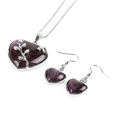 Valentine Heart Jewellery Gift Set For Women - Silver Hearts &amp; Roses Necklace &amp; Drop Earrings - Natural Crystal Gemstone Pendant For Ladies - With a Quality Gift Box