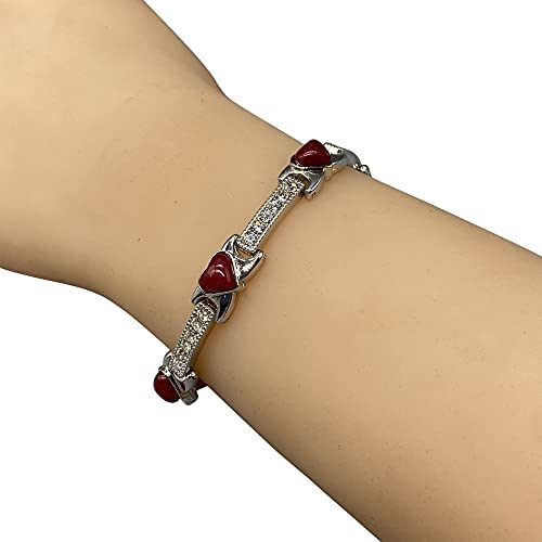 Magnetic Bracelet for Women - Natural Red Agate Gem Stone Hearts Design. - Fits Wrist Up to 18.5cm - Supplied with Jewellery Gift Box