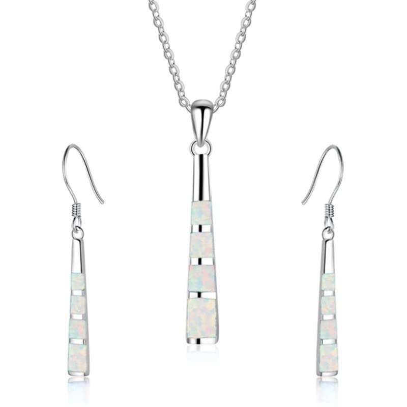 Ladies Opal Jewellery Set For Women - Necklace Pendant Drop Earrings - Girls Enamel &amp; Silver Plated Matching Charms - Pendulum Design with Gift Box