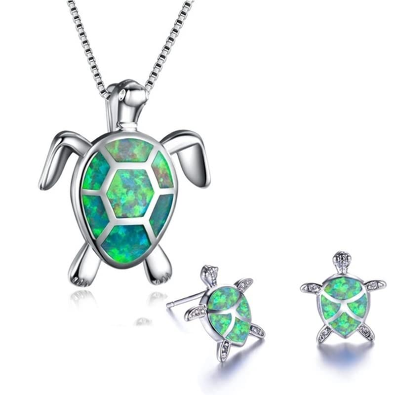 Ladies Turtle Jewellery Set For Women - Necklace Pendant &amp; Matching Earrings - Girls Opal Enamel &amp; Silver Plated Cute Charms - with Gift Box