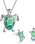 Ladies Turtle Jewellery Set For Women - Necklace Pendant & Matching Earrings - Girls Opal Enamel & Silver Plated Cute Charms - with Gift Box