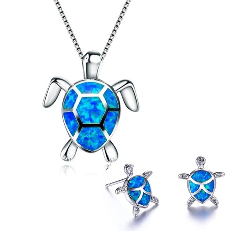 Ladies Turtle Jewellery Set For Women - Necklace Pendant &amp; Matching Earrings - Girls Opal Enamel &amp; Silver Plated Cute Charms - with Gift Box