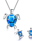 Ladies Turtle Jewellery Set For Women - Necklace Pendant & Matching Earrings - Girls Opal Enamel & Silver Plated Cute Charms - with Gift Box