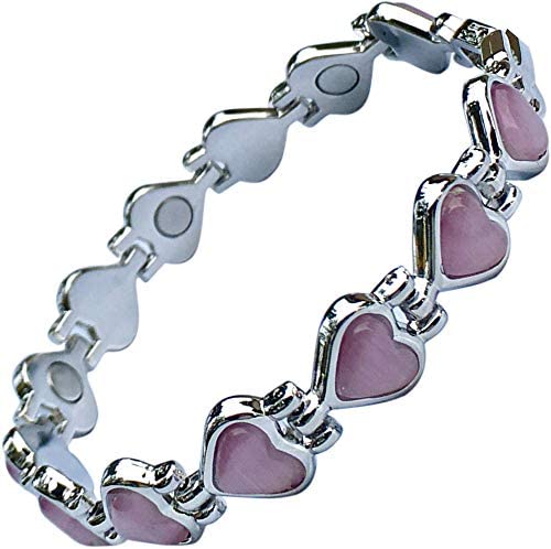 Magnetic Therapy Valentine Bracelet for Women - Pretty Pink Heart Links Semi - Precious Gemstones Fits Wrists up to 18 cm Fully Adjustable - Plus a Jewellery Gift Box