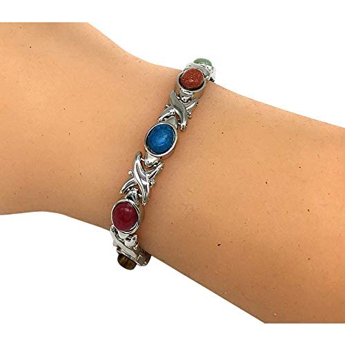 Helena Rose Ladies Magnetic Bracelet for Women - Semi-Precious Blue Red Green Gemstones - Fits Wrists Up Tp 7.5&quot; Size Fully Adjustable - Plus Jewellery Gift Box