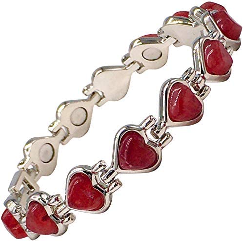 Ladies Magnetic Valentine Bracelet for Women with Red Heart Natural Polished Agate Gemstones - Fits Wrists up to 18 cm 7.0 inches Adjustable - with A Jewellery Gift Box