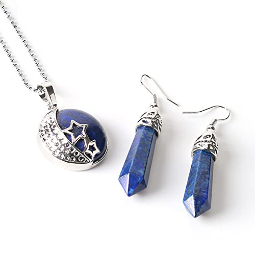 Jewellery Gift Set For Women - Silver Moon &amp; Stars Necklace &amp; Drop Earrings - Real Natural Crystal Quartz Gemstone Pendant For Ladies - With a Quality Gift Box