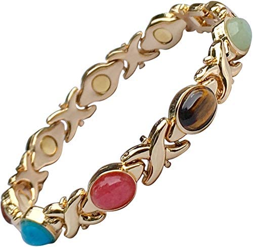 Ladies Magnetic Therapy Bracelet for Women with Natural Semi-Precious Stones - Fits Wrists Up to 18.5cm Adjustable - with Jewellery Gift Box