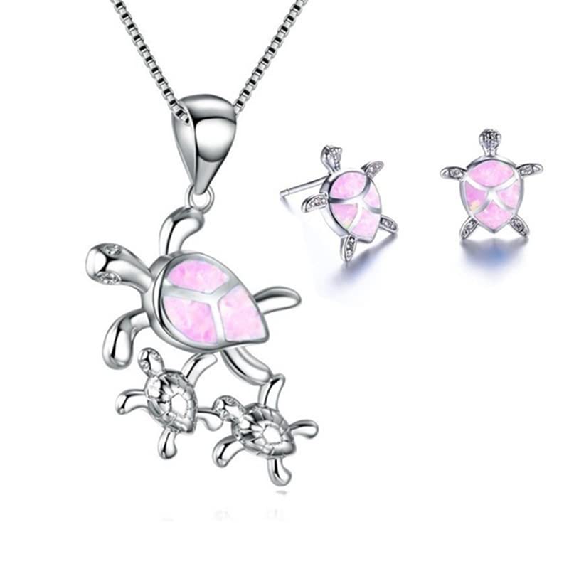 Ladies Pretty Turtle Jewellery Set For Women - Necklace Pendant &amp; Matching Earrings - Girls Opal Enamel &amp; Silver Plated Cute Charms - with Gift Box